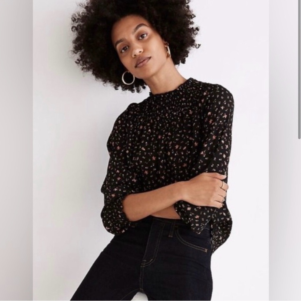 Madewell | Women’s black floral smocked mock neck/sleeve hem shirt size L - Picture 2 of 16